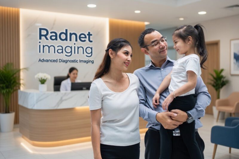 Parent and child at a local RadNet or Rayus imaging center for a pediatric bone age X-ray as part of the I Grow Clinic telehealth growth hormone process