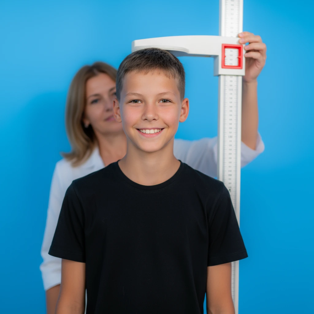 Mom measuring a teenage boyâ€™s height during puberty to monitor growth progress.