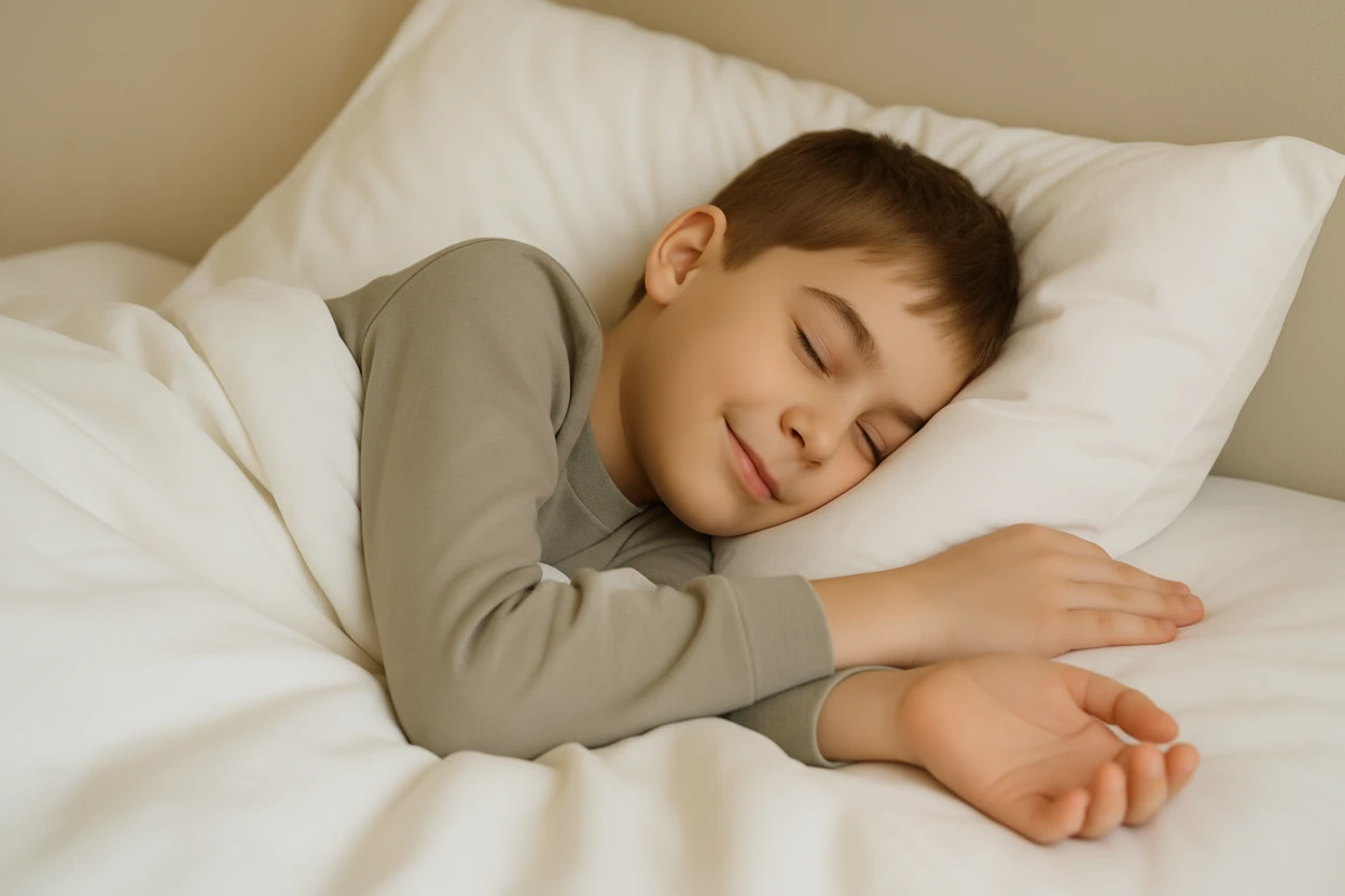 Child sleeping early at night, supporting healthy hormone balance for growth.