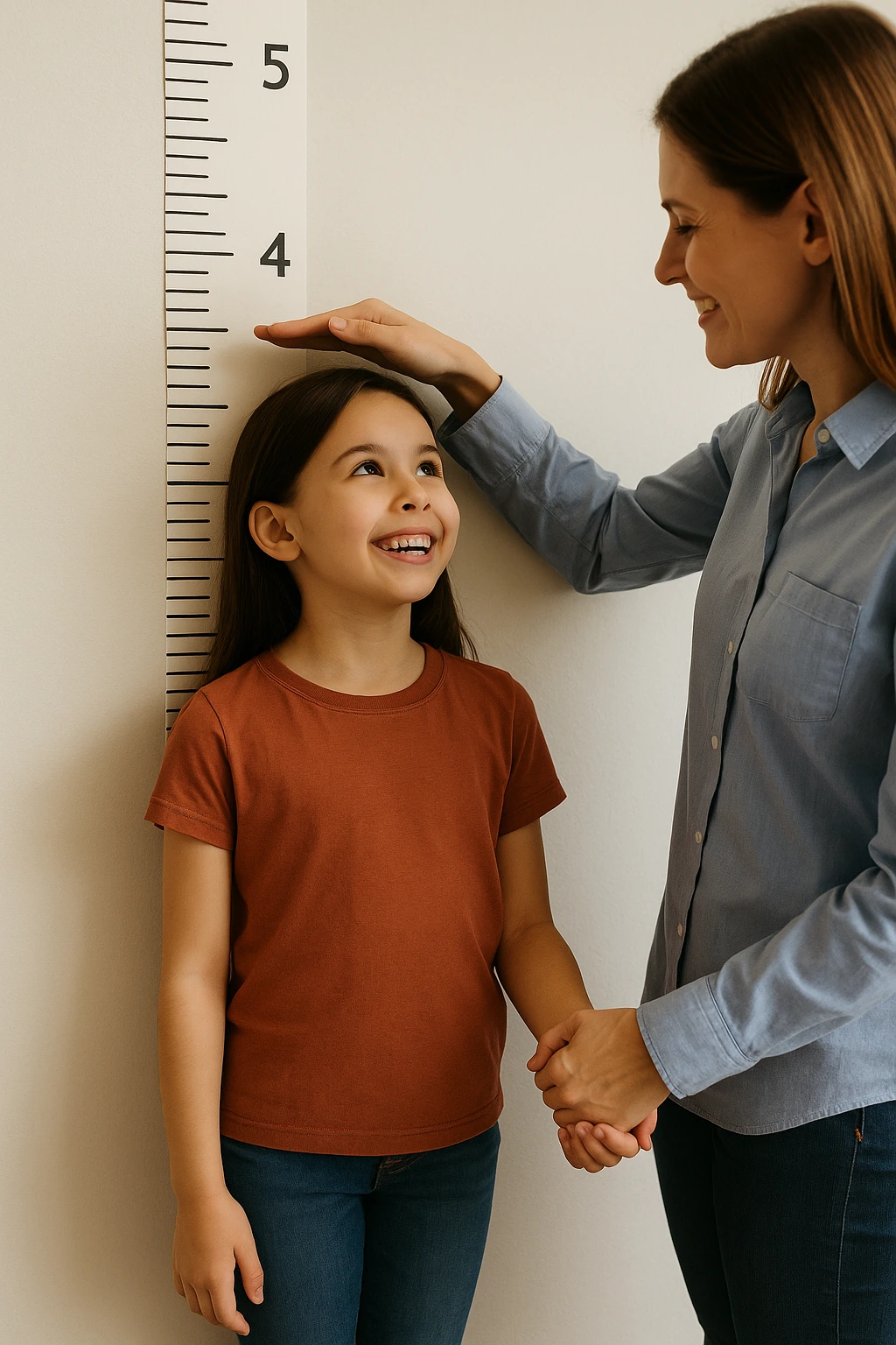 Parent measuring a young childâ€™s height against a wall growth chart in a pediatric clinic.