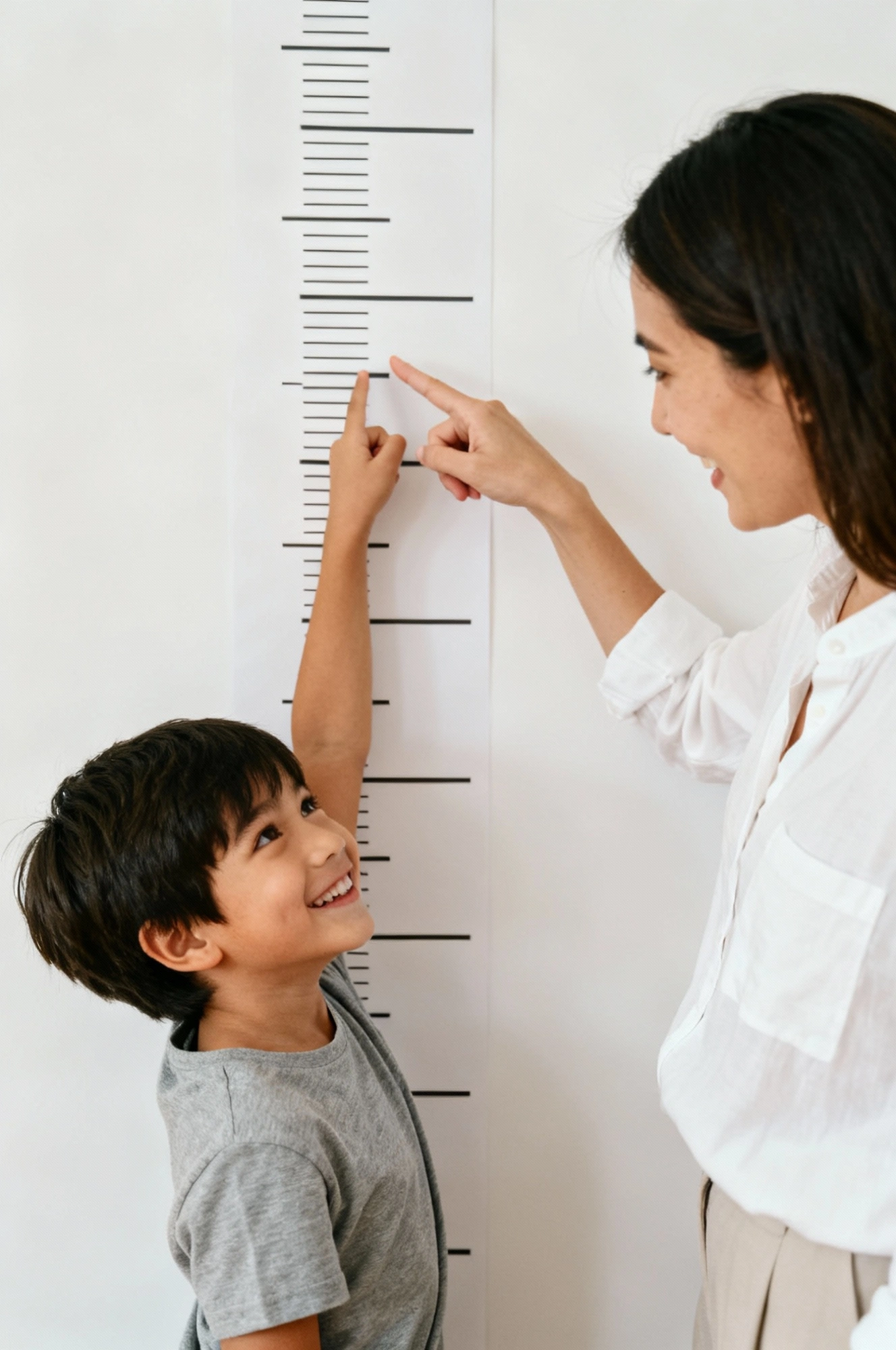 Mother and child measuring height together on a wall growth chart during a routine growth check.