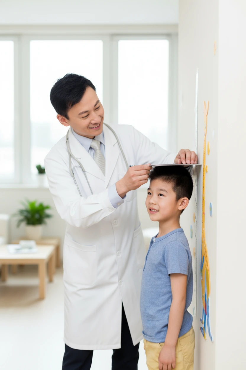 Doctor measuring a childâ€™s height to monitor growth progress during safe, medically supervised growth hormone therapy.