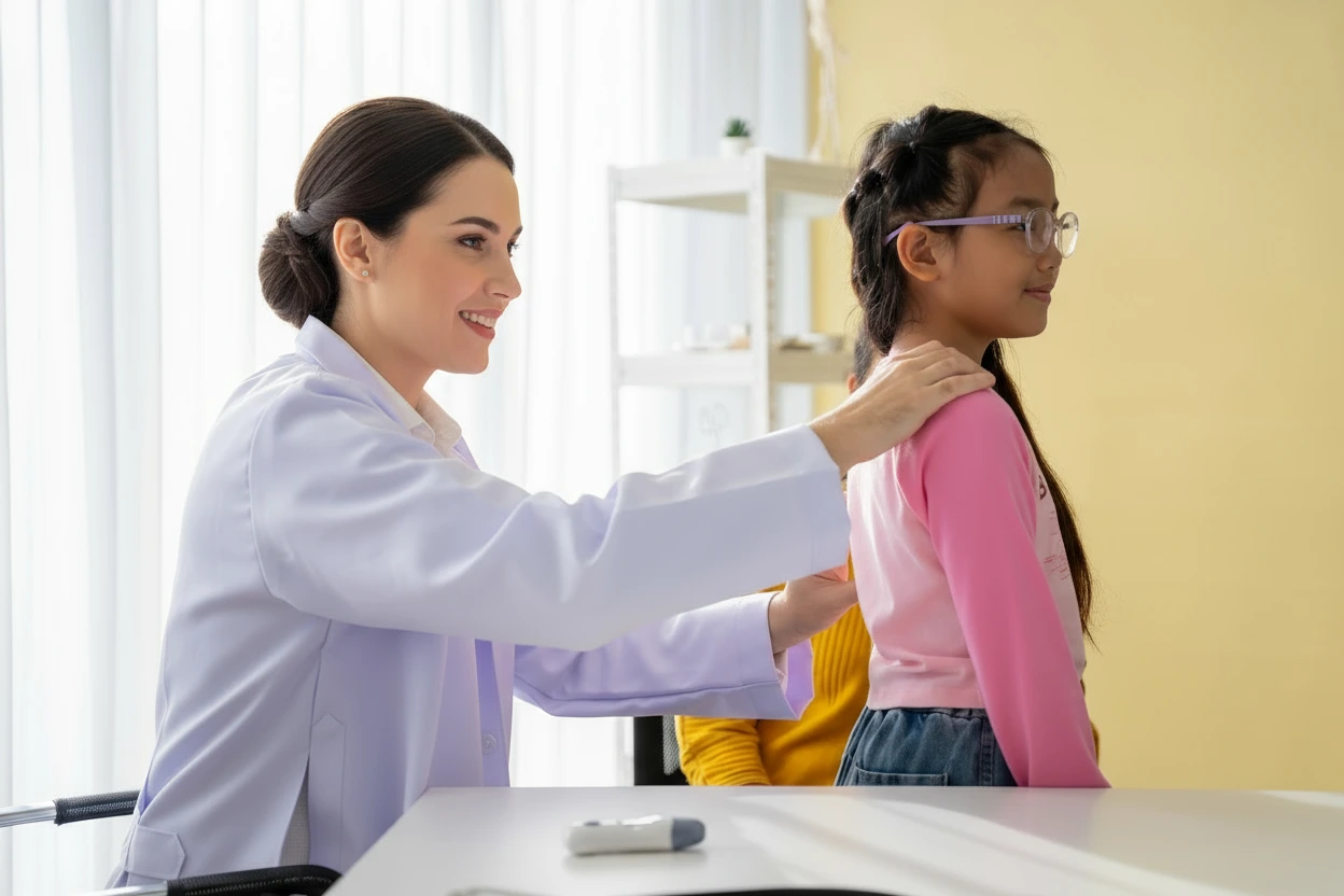 Pediatric physician explaining good posture to a child and parent in a bright clinic setting.