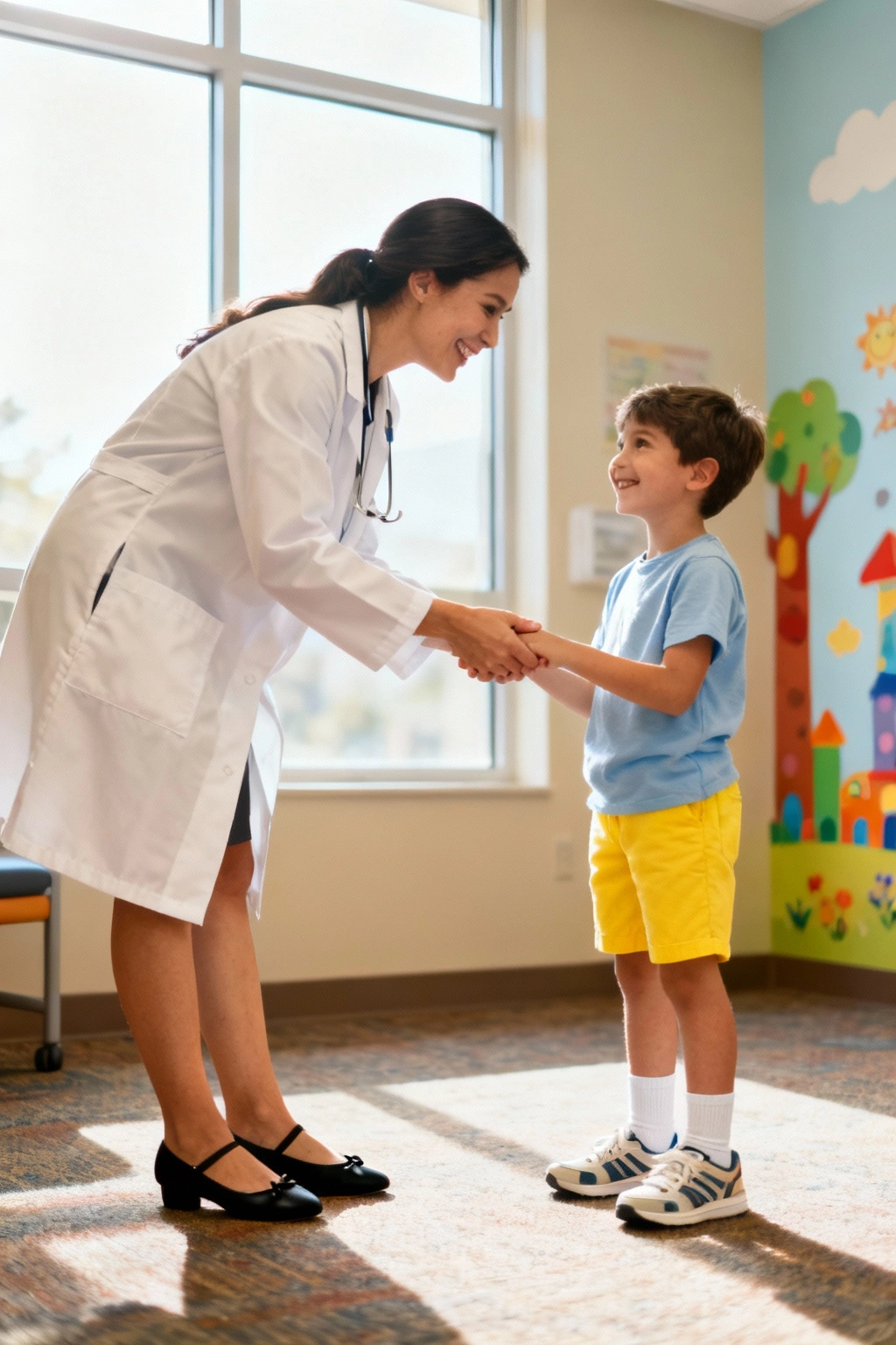 Doctor explaining the difference between acromegaly and safe, medically supervised growth hormone therapy for children, emphasizing balanced, proportional growth.