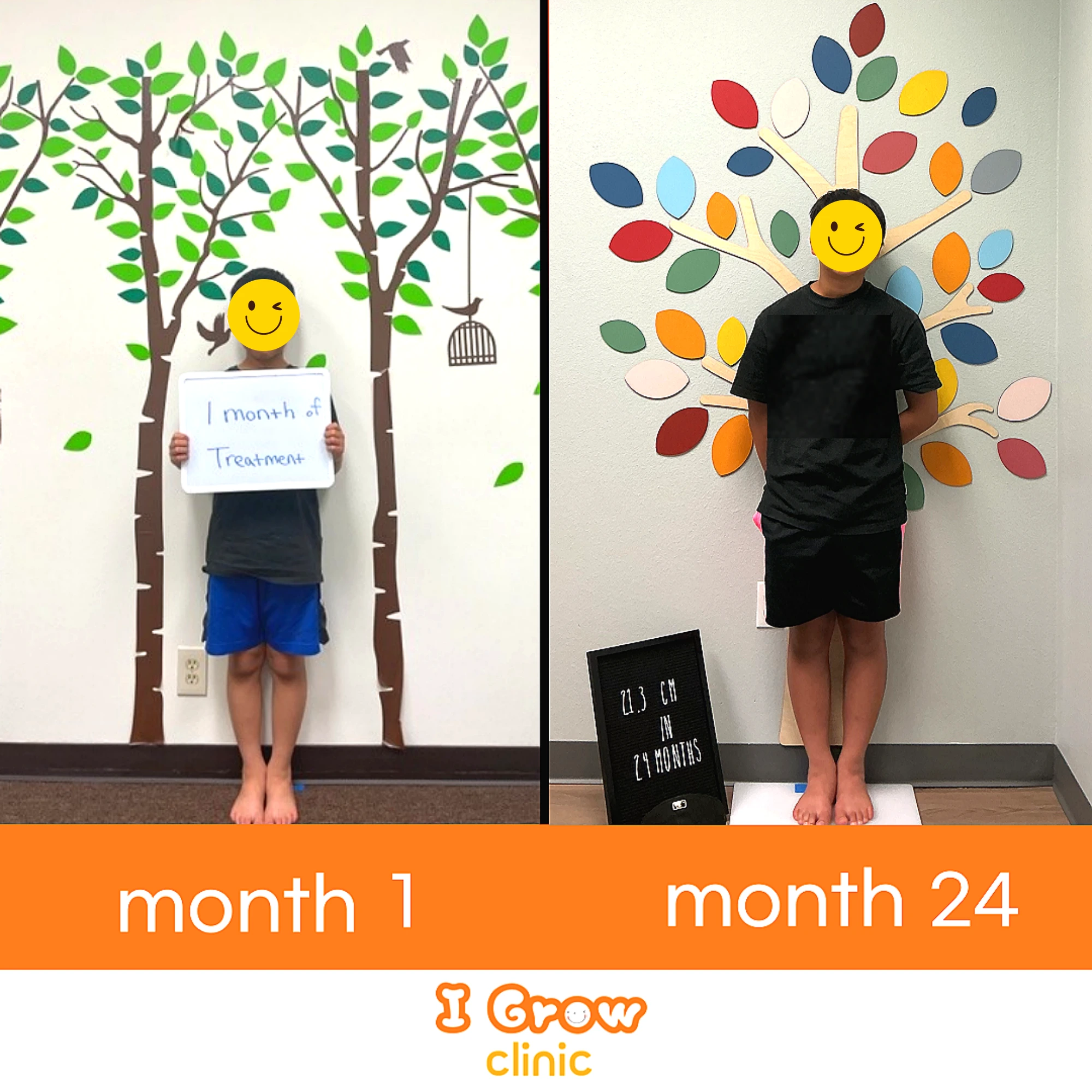 A healthy child standing for height comparison photos at month one and month twenty-four of growth hormone therapy, showing steady and natural height improvement under physician supervision.