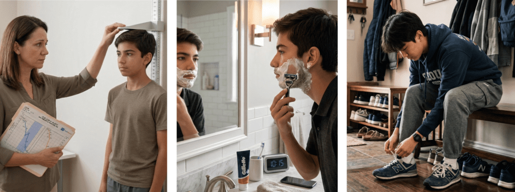 A visual infographic summarizing the 3 key signs that growth plates are closing: slowing height velocity, late-stage puberty markers such as facial and underarm hair, and a plateau in shoe size growth.