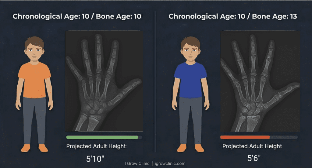 Side-by-side comparison of advanced bone age versus matched bone age in children of the same chronological age, showing the difference in growth plate maturity and remaining height potential at I Grow Clinic. 