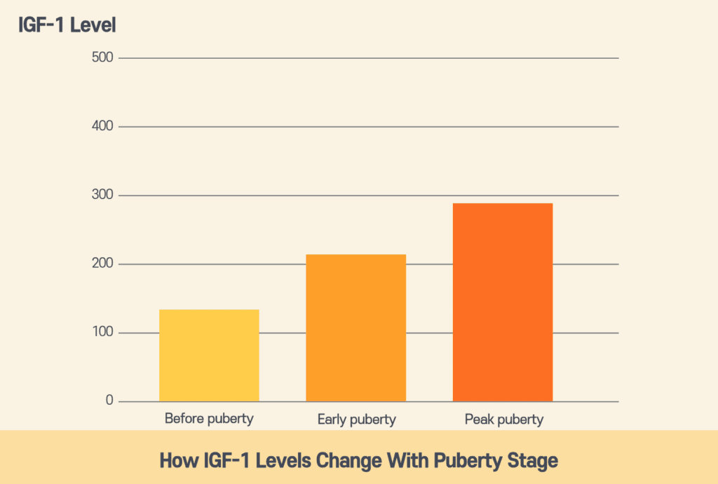 Infographic showing how IGF-1 levels rise from the pre-puberty range of 90 to 150 up to above 200 once puberty begins, illustrating why age-based lab reference ranges can be misleading for children at different puberty stages.