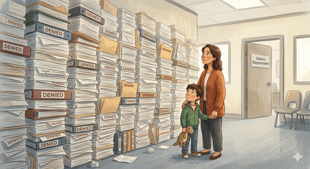 A parent and child facing the frustration of insurance denial for growth hormone therapy, reflecting the experience many families encounter when seeking treatment for idiopathic short stature at I Grow Clinic.