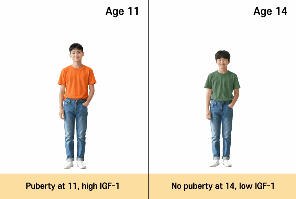 Side by side comparison of two boys illustrating how puberty timing affects IGF-1 levels and growth plate maturity, showing that age alone does not determine a child's growth stage.