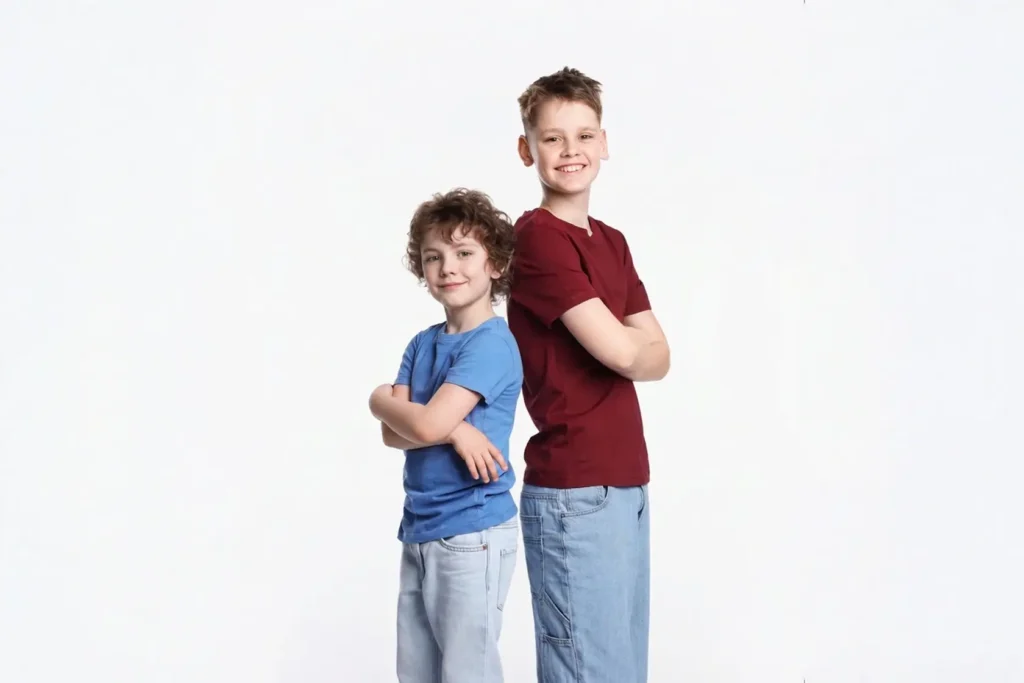 Two boys of similar age standing back to back showing a significant height difference, illustrating how early puberty can cause some children to grow faster than their peers at I Grow Clinic.
