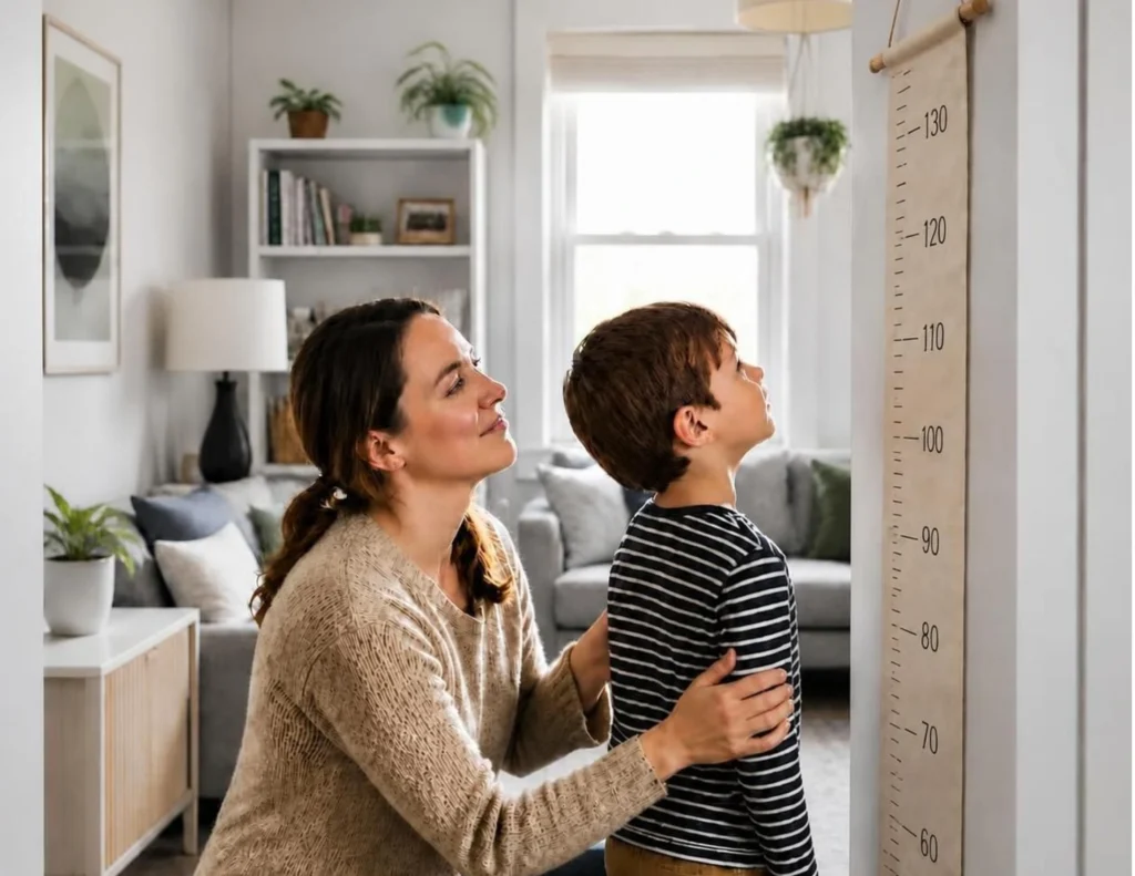 A mother measuring her child's height at home, reflecting the quiet concern many parents feel when wondering whether growth hormone for height could help their child reach their full potential.
