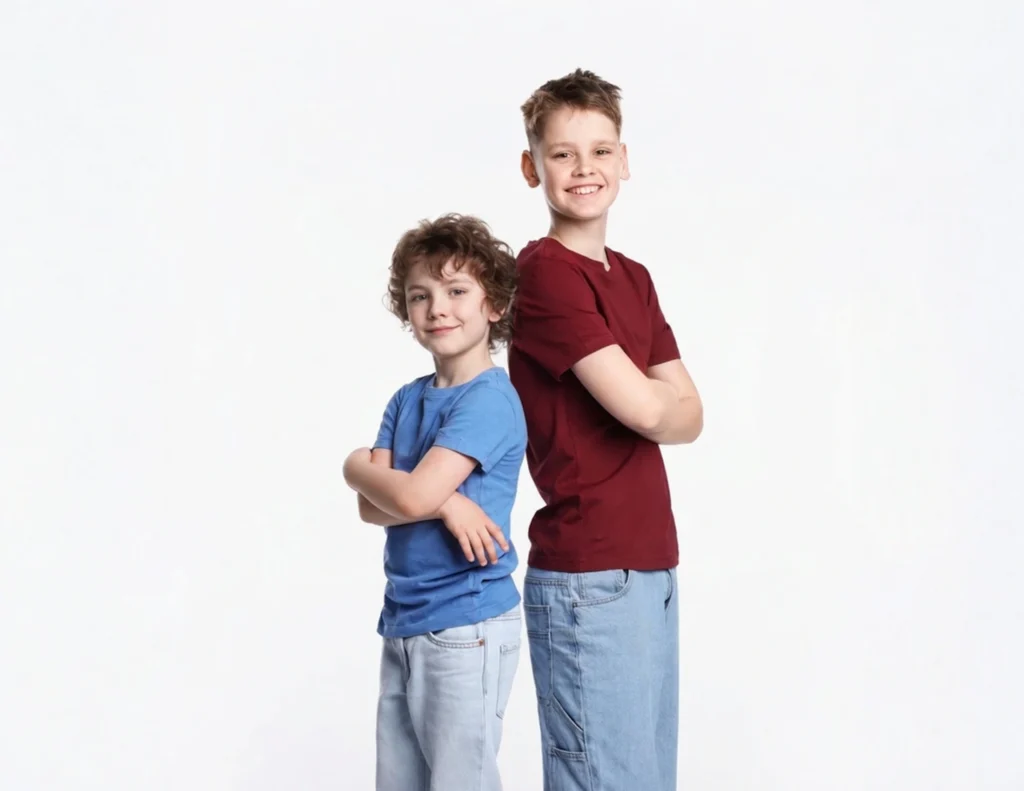 Two children of the same chronological age standing side by side with a noticeable height difference, illustrating idiopathic short stature, the most common qualifying condition for growth hormone therapy in healthy children.