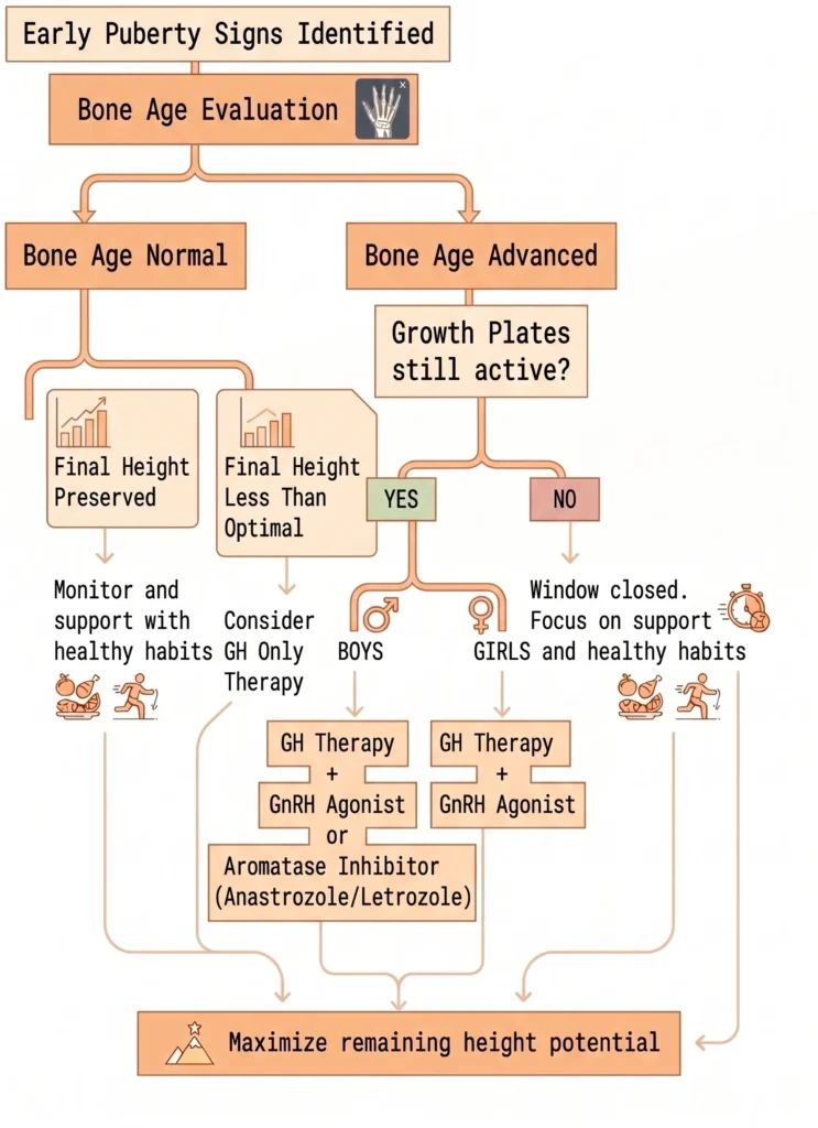 A decision flow chart showing how I Grow Clinic evaluates bone age in children with early puberty and determines personalized treatment options including growth hormone therapy, GnRH agonist therapy, and aromatase inhibitor therapy for boys.