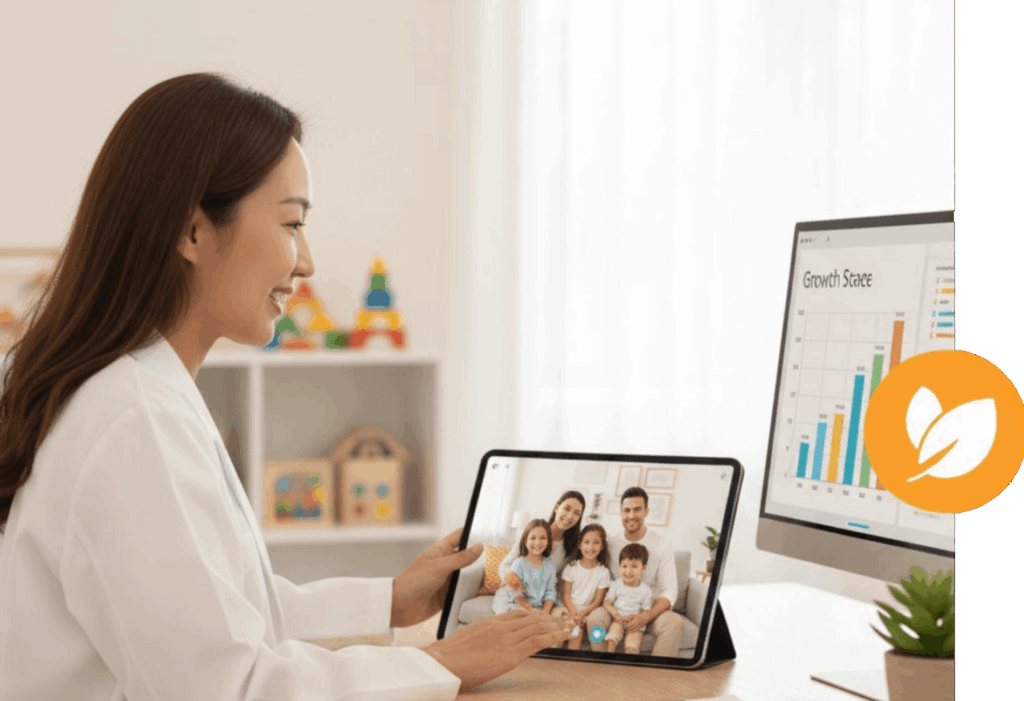 Parent and child connecting with a pediatric growth specialist via telehealth for idiopathic short stature evaluation at I Grow Clinic