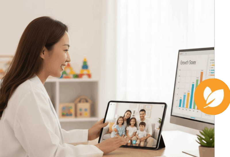 Parent and child connecting with a pediatric growth specialist via telehealth for idiopathic short stature evaluation at I Grow Clinic
