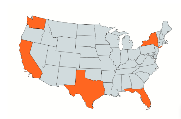 Map showing I Grow Clinic pediatric growth specialist telehealth availability in California, New York, Texas, Florida, and Washington 