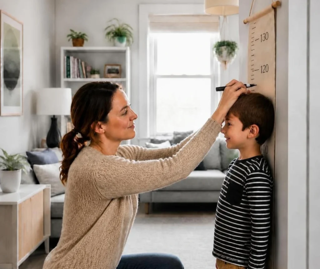 A parent carefully recording their child's height at home, tracking growth velocity as part of understanding whether growth hormone therapy for short stature may be appropriate.