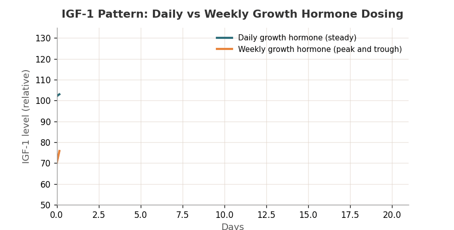 Line graph comparing IGF-1 hormone levels over three weeks for daily versus weekly growth hormone dosing, showing a steady daily line and a peak and trough weekly pattern.