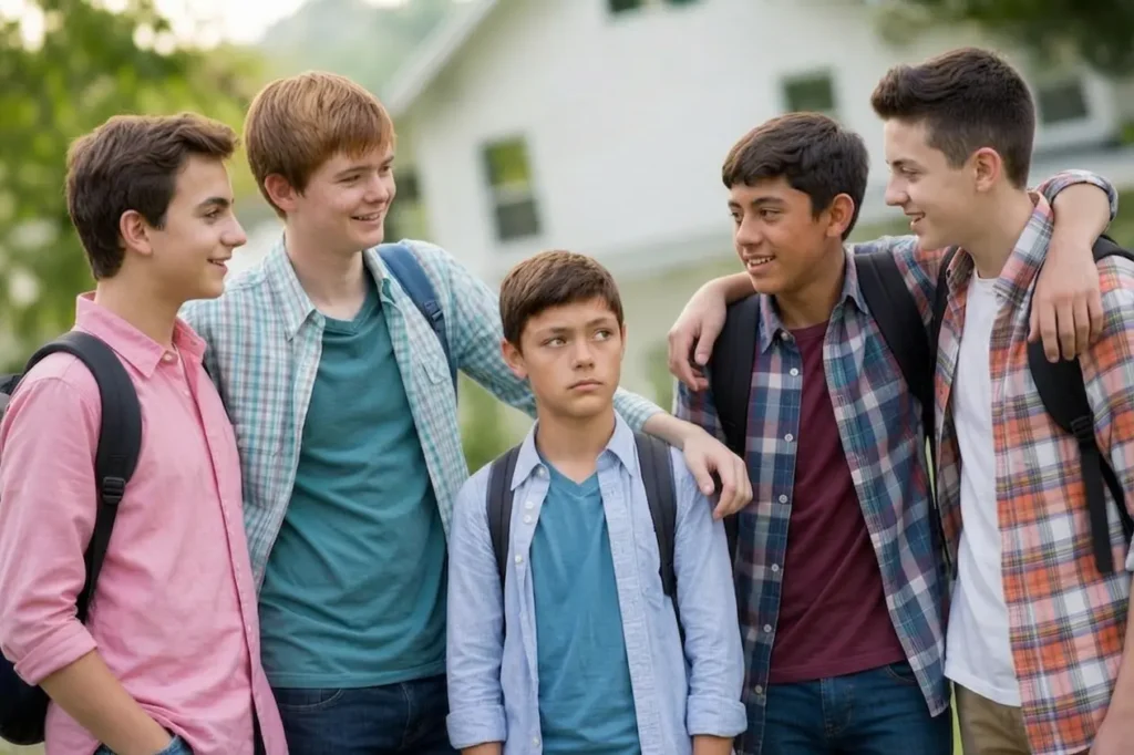 A teenage boy standing among a group of taller friends.