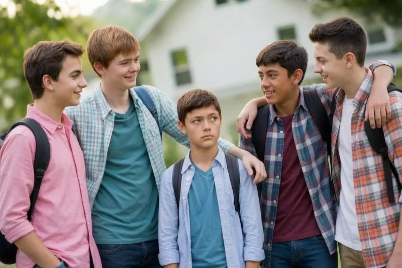 A teenage boy standing among a group of taller friends.