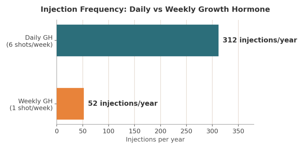 Bar chart comparing the total number of growth hormone injections per year for daily dosing at 365 injections versus weekly dosing at 52 injections.