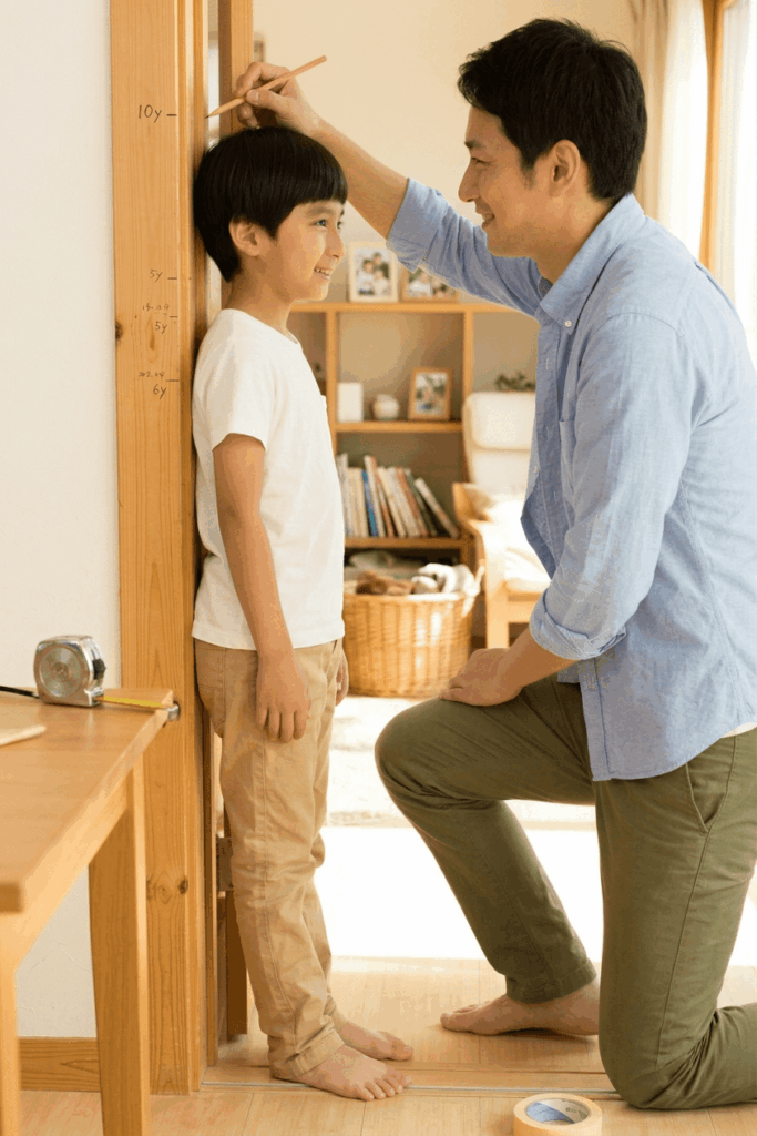 Parent measuring child height at home during growth hormone treatment to track progress