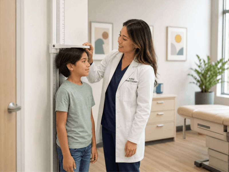 A child standing against a stadiometer being measured for height by a nurse practitioner in a modern pediatric clinic