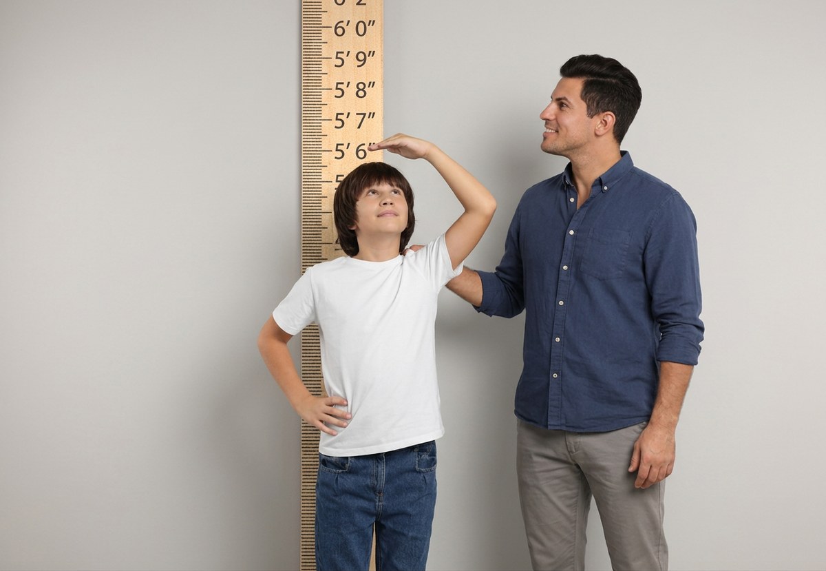 Father measuring teenage son's height at a growth chart, illustrating the question of whether a 15-year-old can still grow