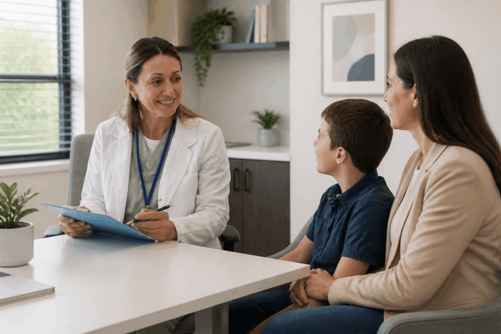 Mother and child at a pediatric growth specialist consultation to discuss how long growth hormone treatment will take