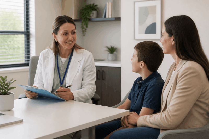Mother and child at a pediatric growth specialist consultation to discuss how long growth hormone treatment will take