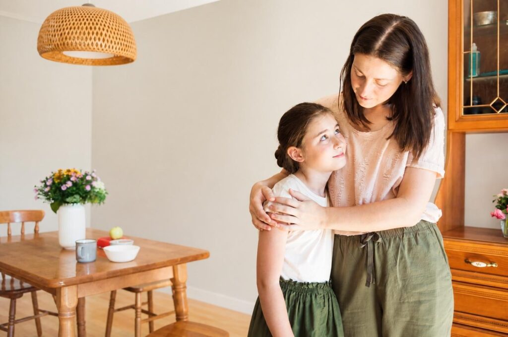 Parent and child at home during evening growth hormone injection routine, part of long-term ISS treatment