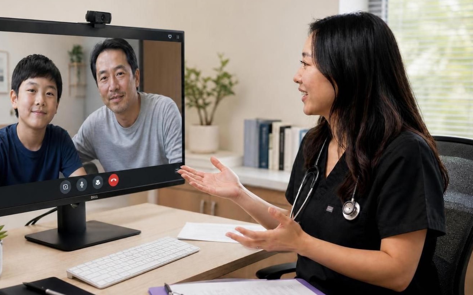 Pediatric growth specialist on telehealth video call with father and son at I Grow Clinic