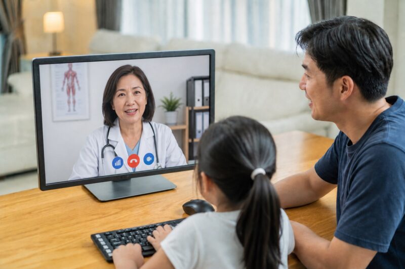 Father and daughter at home on telehealth video call with pediatric growth specialist