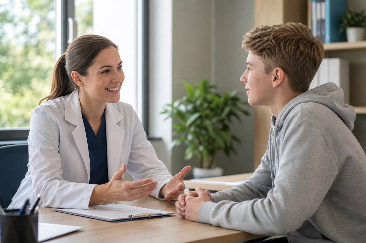 Teenage boy in a warm clinic consultation discussing growth treatment options with his provider