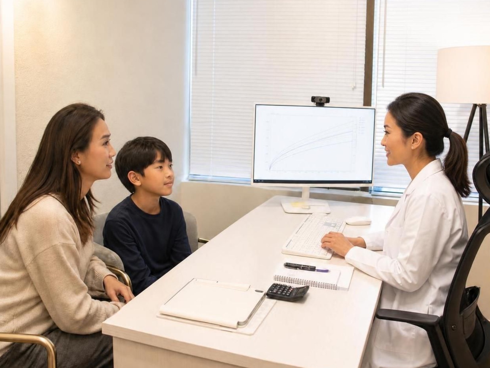 Asian mother and child consulting with female provider reviewing growth chart at clinic desk