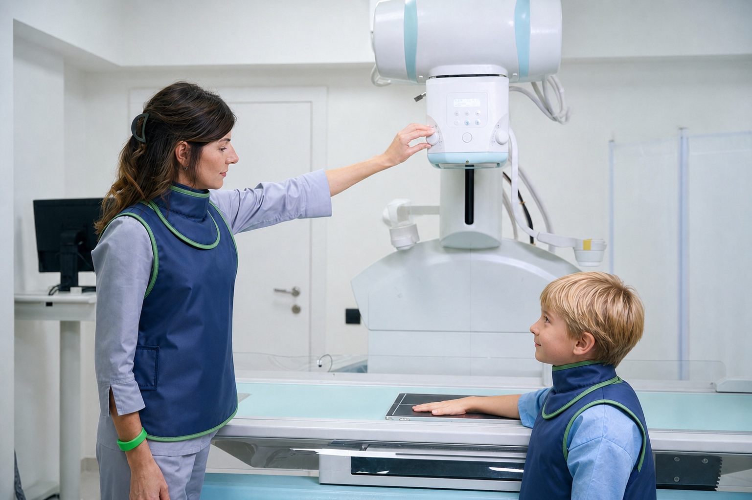 Child placing hand on X-ray imaging table with technician at a pediatric radiology center